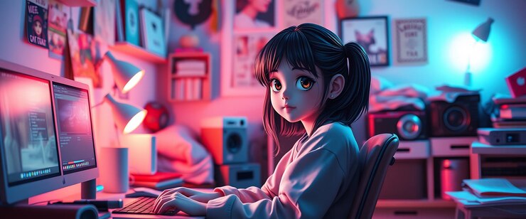 Foto niña de anime en una habitación colorida trabajando en una computadora