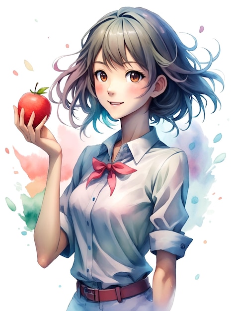 Niña de anime muestra frutas en el estilo de color de agua imágenes de fondo con IA generadas