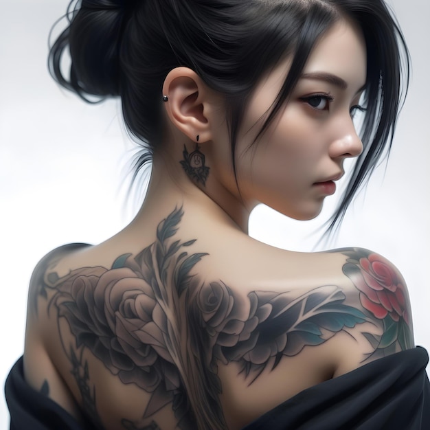 Foto niña de anime realista en 3d niña japonesa mostrando su tatuaje en la espalda