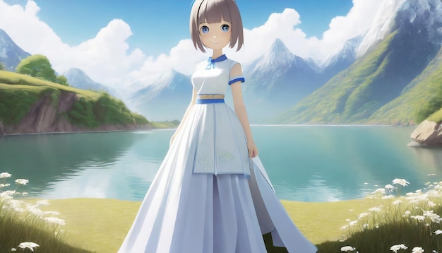 Niña de anime en un vestido blanco de pie frente a un lago