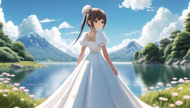 Niña de anime en un vestido blanco de pie frente a un lago