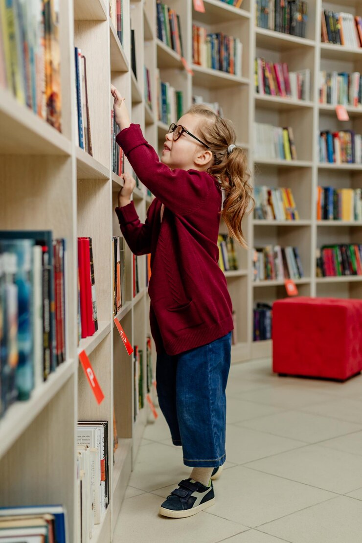 Foto niña con anteojos toma un libro de una estantería en una biblioteca o aula