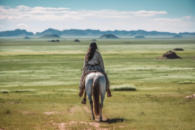 Niña antigua mongola monta a caballo Generar Ai