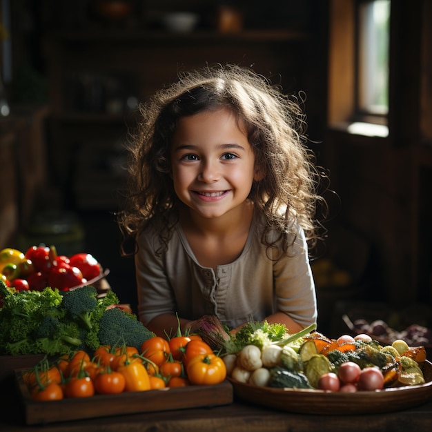 Niña apoyada en una mesa llena de verduras