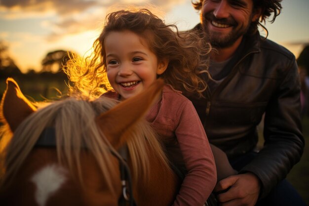 Niña aprendiendo a montar a caballo con su familia