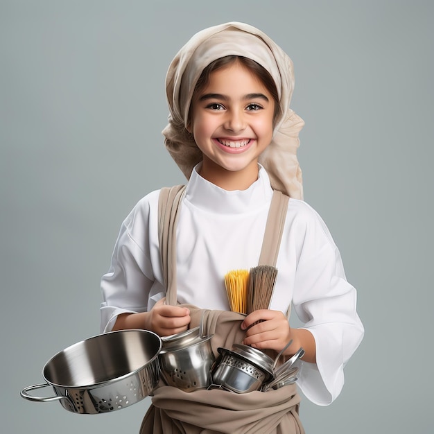 Niña árabe en la cocina cocinando