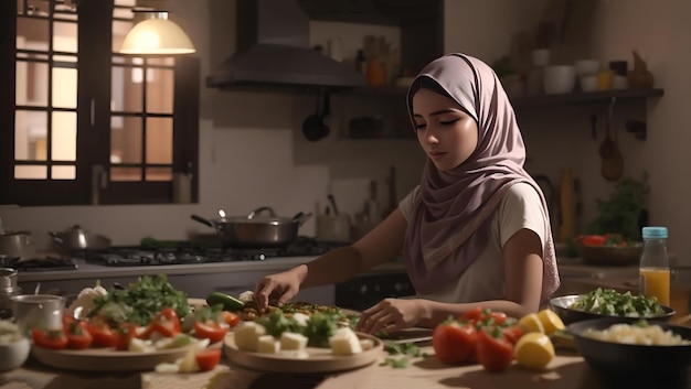 Niña árabe prepara comida en la cocina AI generativa