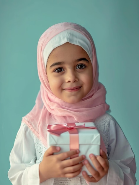 Niña de Arabia Saudita sosteniendo una caja de regalos en un simple fondo pastel sonrisa hijab musulmán