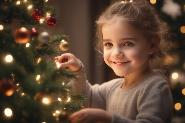 niña en el árbol de navidad en casa sonriendo y mirando a través de un frasco de vidrio niña en cristo