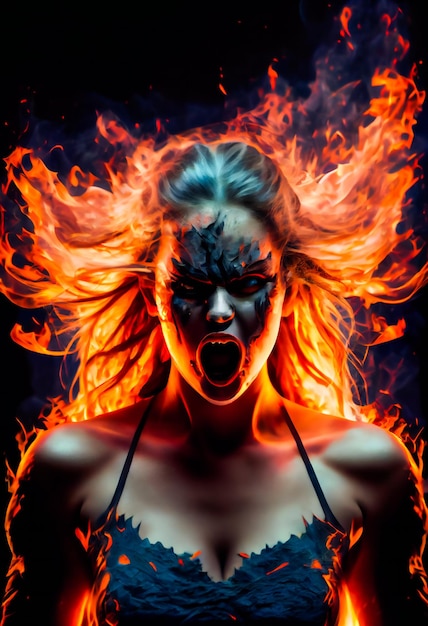 Foto niña ardiente mujer en llamas y fuego ia generativa
