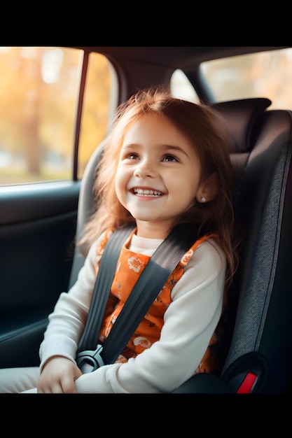 una niña arrafada sentada en un asiento de coche sonriendo IA generativa
