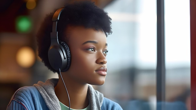 niña de ascendencia africana escuchando música con auriculares