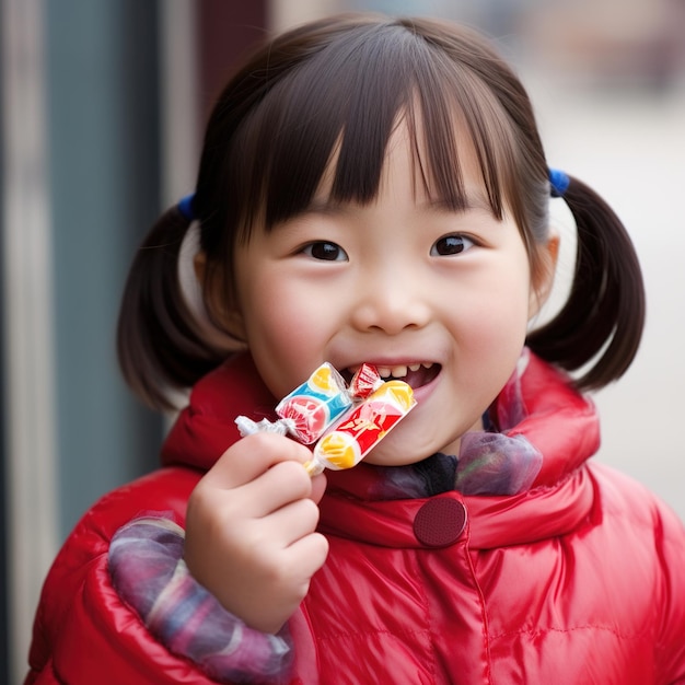 Niña asiática con abrigo rojo comiendo caramelos duros coloridos