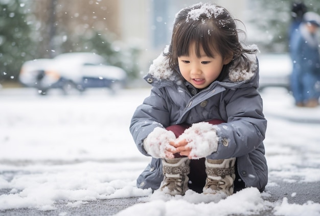 Foto niña asiática arrodillada y jugando con la nieve en el patio de recreo de nieve