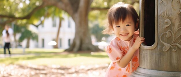 Una niña asiática de color rosa estaba sonriendo y jugando al escondite en el parque.