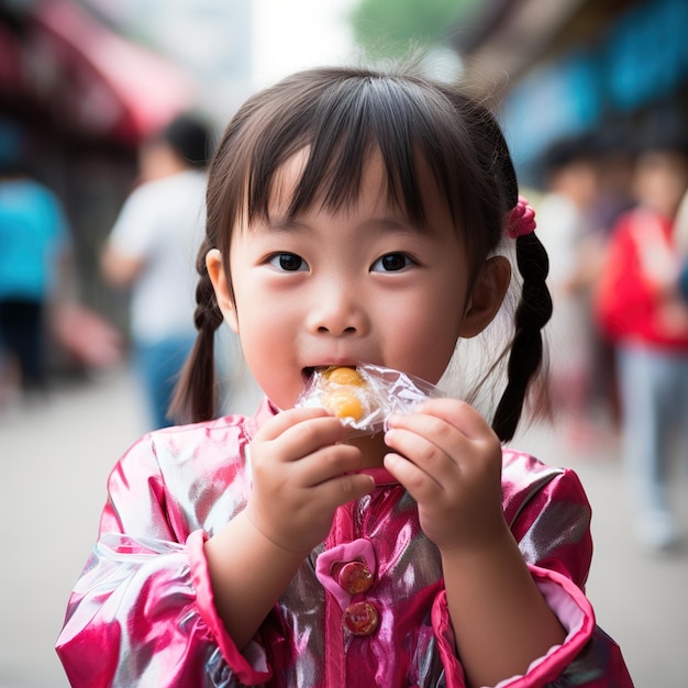 Niña asiática comiendo comida callejera