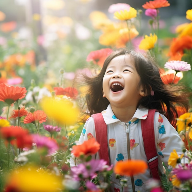 Una niña asiática feliz en un jardín de flores