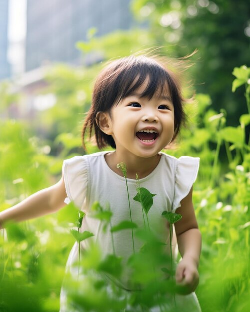 Una niña asiática feliz en el jardín verde