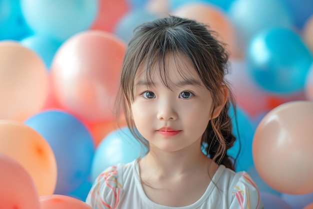 Una niña asiática feliz jugando con globos de colores en el fondo