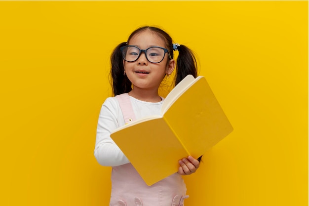 Niña asiática con gafas sosteniendo cuaderno y leyendo sobre fondo amarillo