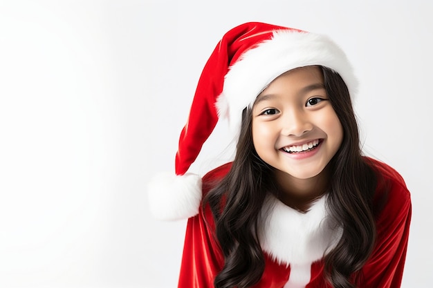 Una niña asiática con una gorra de Papá Noel.