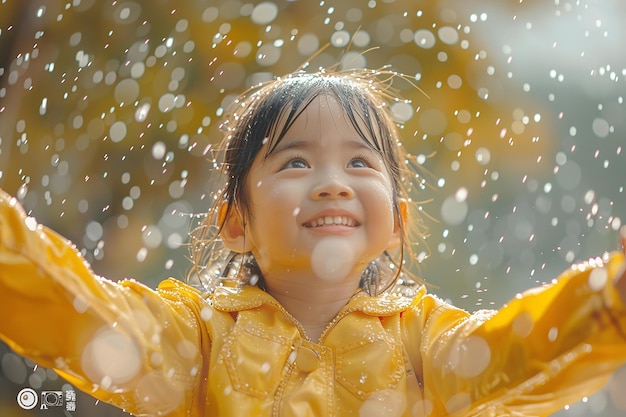 Una niña asiática linda disfrutando de la lluvia afuera en el campo con un gran espacio para texto o publicidad de productos IA generativa
