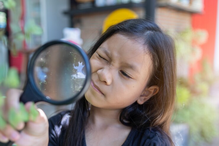 niña asiática mirando a través de una lupa