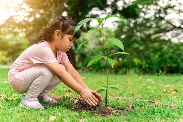 Niña asiática plantando un árbol en suelo negro para reducir la situación del calentamiento global