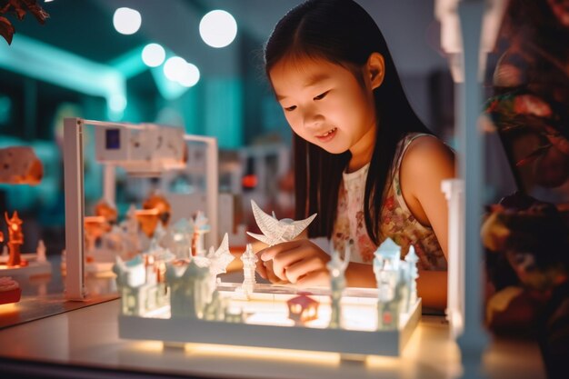 Una niña asiática que usa una impresora 3D para crear un prototipo de educación para niñas asiáticas
