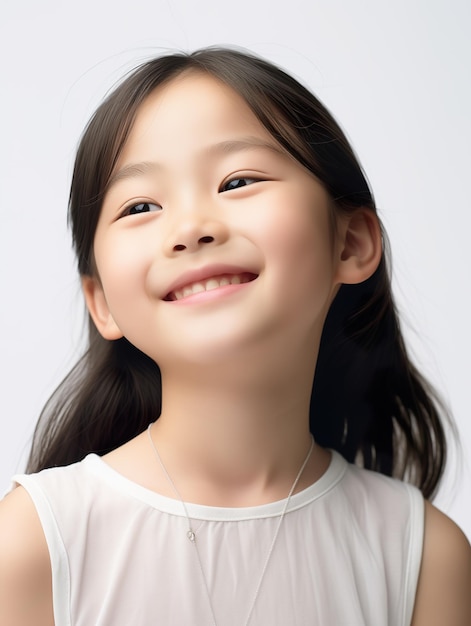 Niña asiática sonriendo y mirando hacia arriba retrato