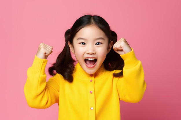 Niña asiática con suéter amarillo levanta el puño sobre un fondo rosa