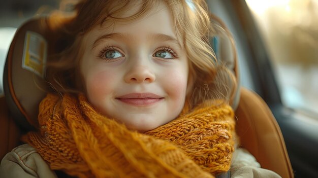 Niña en el asiento del coche con pañuelo