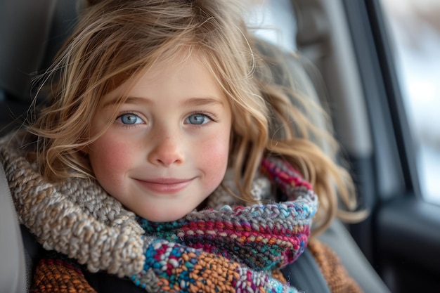 Niña en el asiento del coche con pañuelo