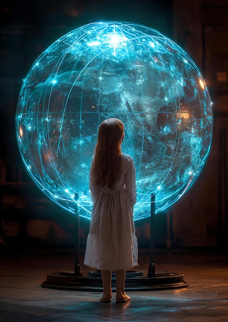 Niña asombrada mientras contempla una esfera de energía brillante en la noche maravilla iluminada en la oscuridad AI