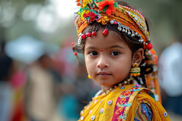 Foto una niña assamesa celebra el puja de saraswati con el vestido tradicional