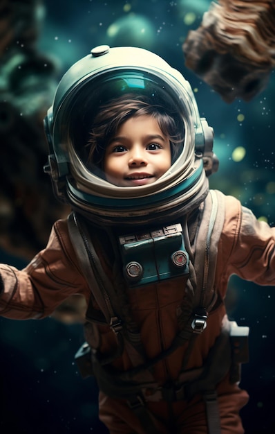 Niña astronauta flotando en el espacio