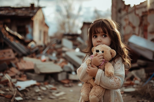 Foto niña asustada con un oso de juguete en el telón de fondo de una ciudad destruida niños de la guerra detengan la guerra