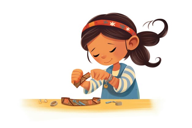 Niña atando el cierre a una pulsera hecha a mano
