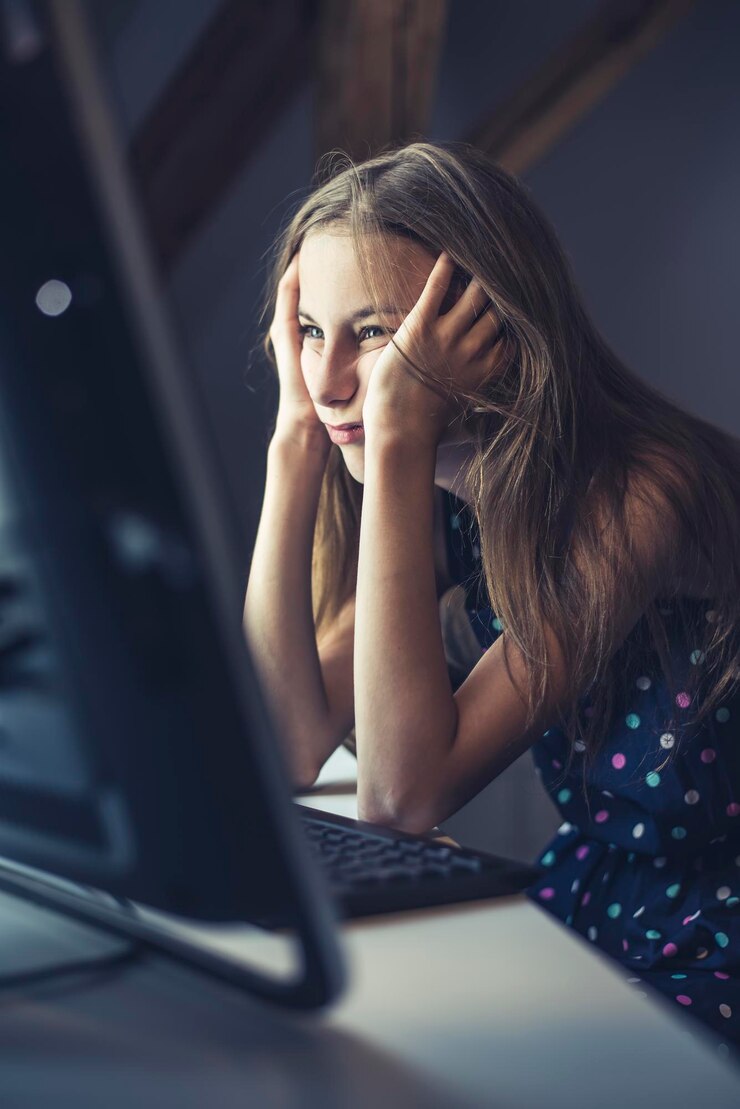 Foto niña atenciosa usando la computadora mientras está sentada en la mesa
