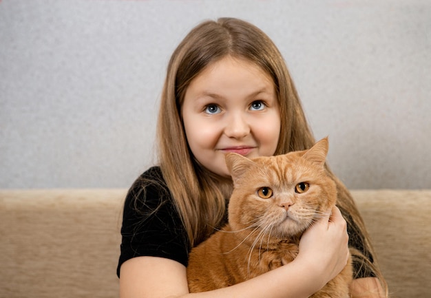 Niña atractiva con gato rojo esponjoso en un sofá en una habitación Centrarse en el gato