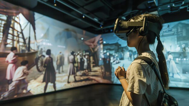 Una niña con un auricular de realidad virtual y explorando un mundo virtual está de pie en una habitación oscura con una gran pantalla delante de ella