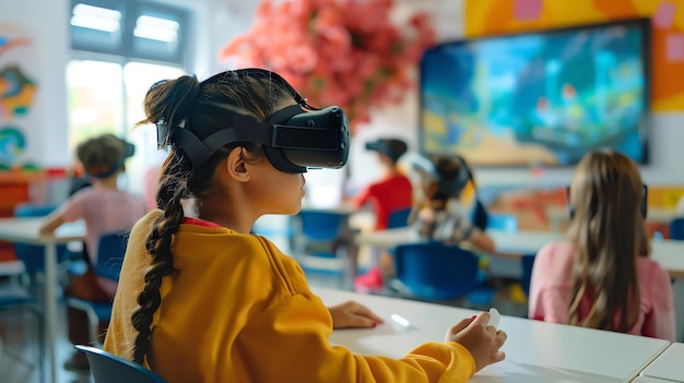 Foto una niña con un auricular de realidad virtual se sienta en un aula. la niña lleva una sudadera amarilla y tiene el cabello en cola de caballo.