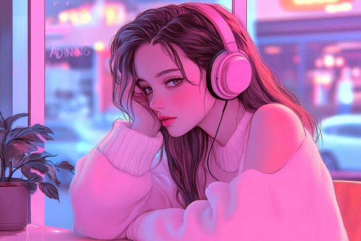 Niña con auriculares disfrutando de música y una bebida caliente en una cálida atmósfera de cafetería