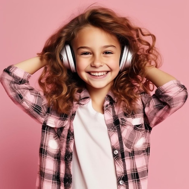 una niña con auriculares y sonriendo