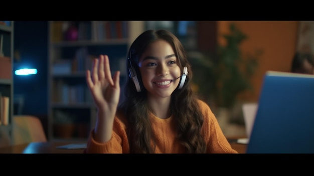 Niña con auriculares usando computadora portátil y agitando la mano mientras está sentada en la IA homogenerativa