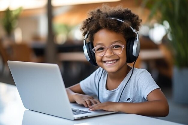 una niña con auriculares y usando una computadora portátil