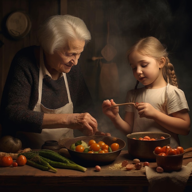 Niña ayudando a su abuela a cocinar IA generativa