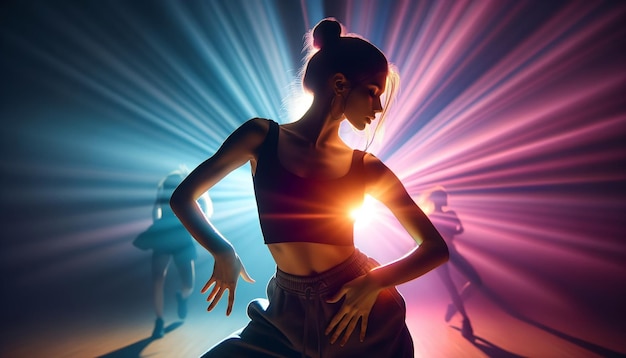 Foto niña bailando en un club nocturno en un fondo degradado iluminado por luces de neón