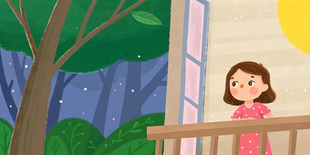 Niña en el balcón por la noche