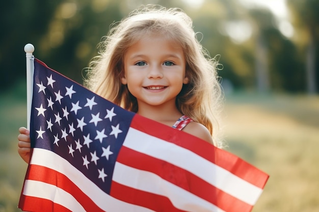 Una niña con una bandera americana en sus manos.